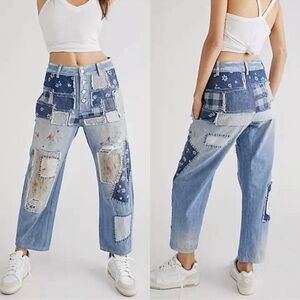 Free People Blue Patchwork Boyfriend Jeans